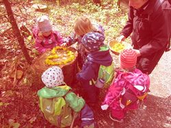 Waldkinder legen ein Herz aus Blüten