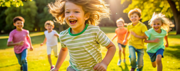 Mehrere Kinder rennen über Rasen