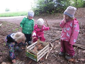 Waldkinder beim Holz sammeln