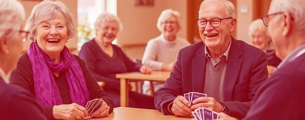 Senioren sitzen zusammen, ein Teil spielt Karten