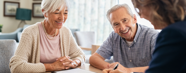 Beratungsgespräch zwischen Pflegedienst und zwei älteren Menschen